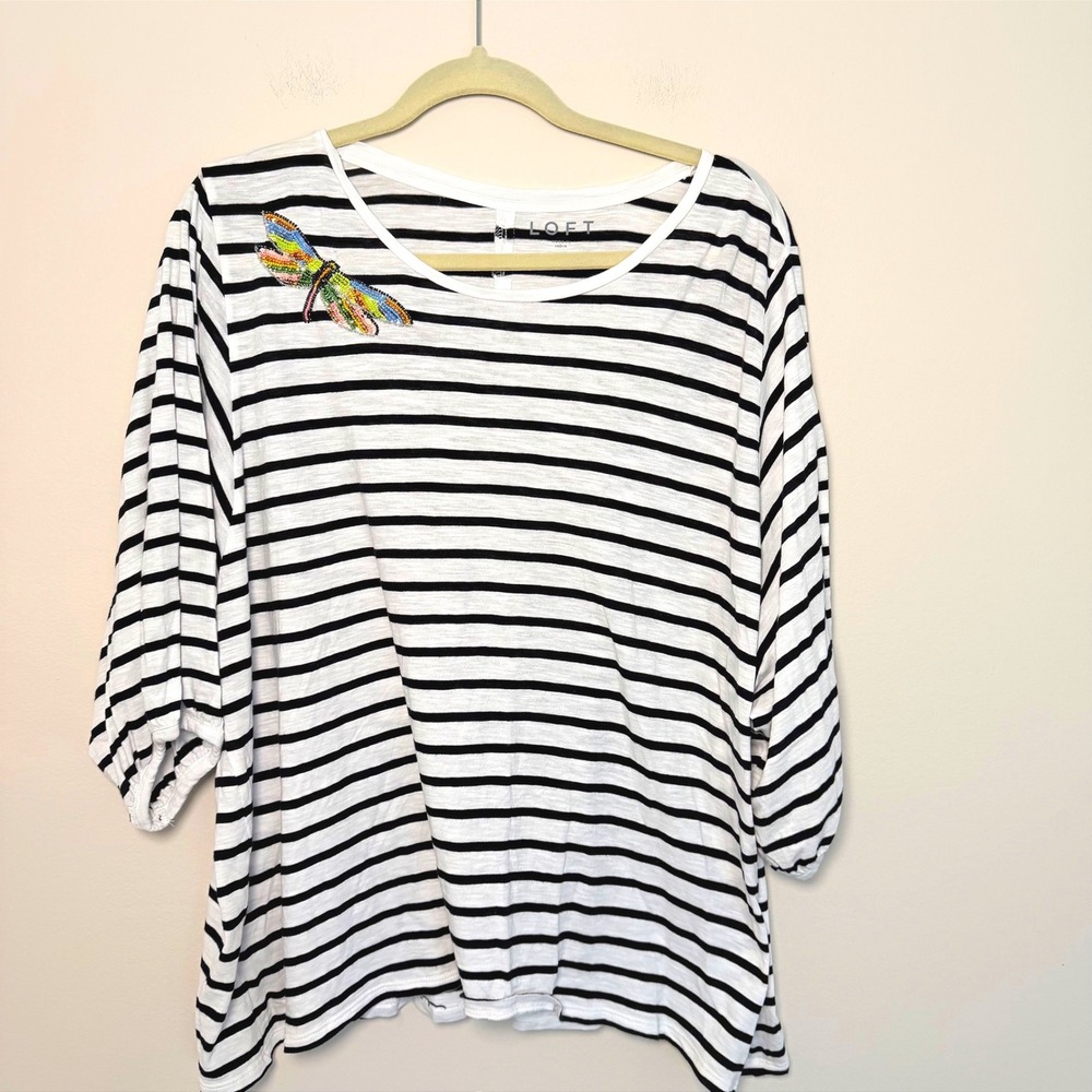 Women's LOFT Black White Striped Blouse Dragonfly Embellishment 3/4 Sleeve SZ XL